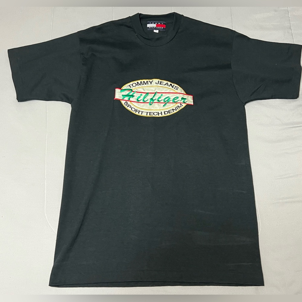 Vintage Tommy Hilfiger T Shirt Mens LARGE BLACK Single Stitch 90s Embroidered